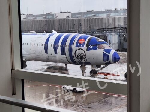 搭乗前に見かけたstarwarsデザイン飛行機。